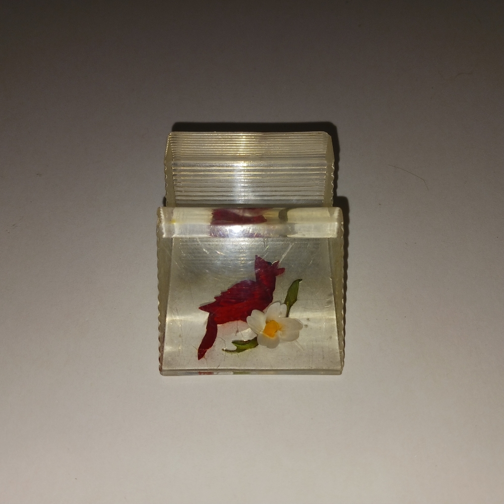 Bircraft? Business Card Holder, Lucite Acrylic, Reversed Carved Cardinal, Vtg.